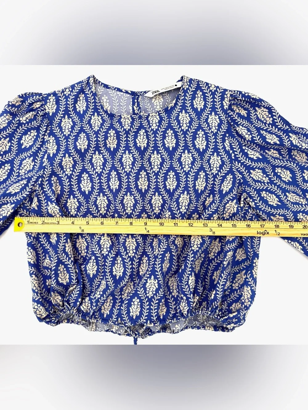 Zara Blue Floral Print Cropped Blouse Balloon Sleeve Boho - Size Small Like New